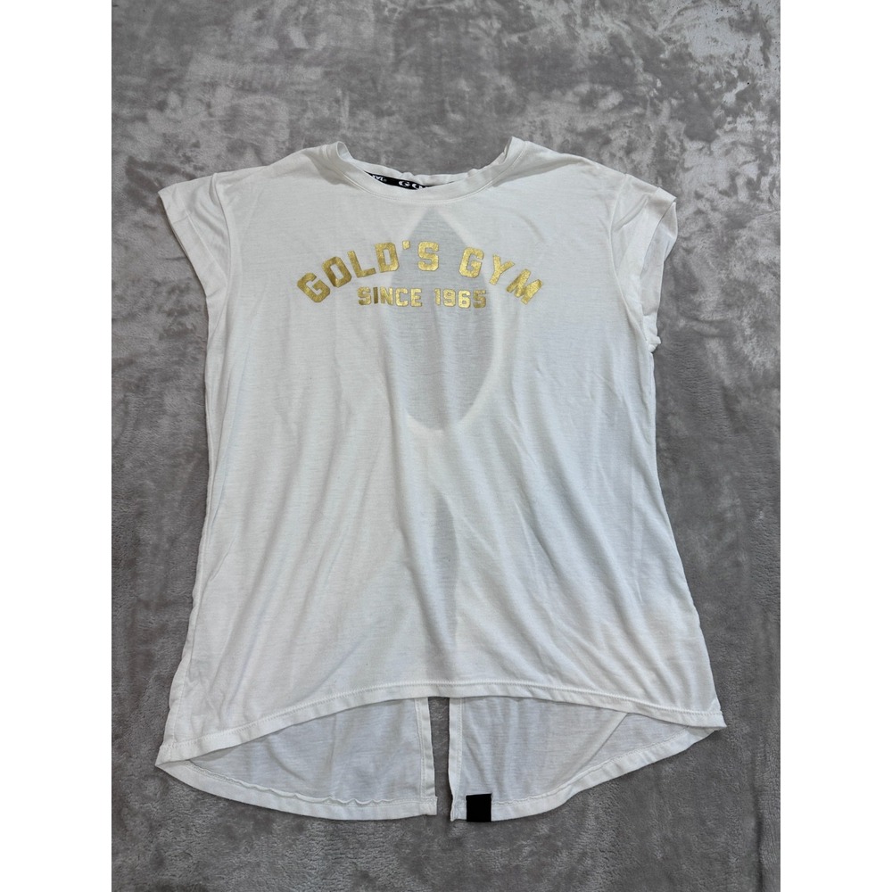 Golds Gym Shirt Womens Size Small White Open Cutout Back Split Hem Short Sleeve